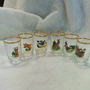Vintage Ruhrglas Wildlife & Forrest Unique Shot Glasses with Gold Rim Wildlife